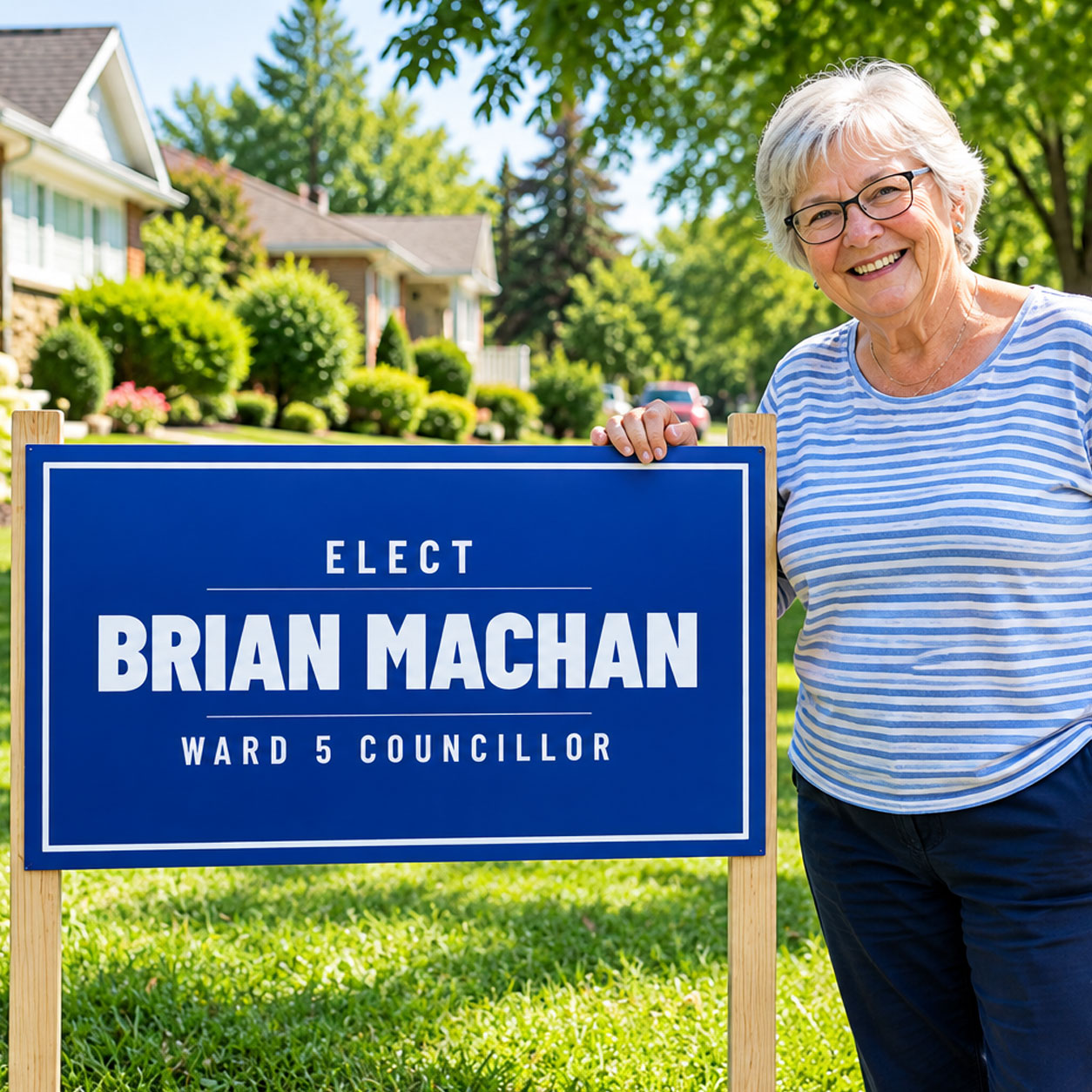 A resident standing beside a lawn sign